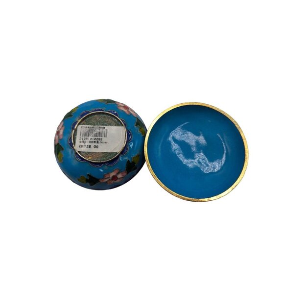 Hand-Painted Floral Cloisonné Trinket Box - Blue & Pink Enamel - 2.5" Diameter - Picture 9 of 10